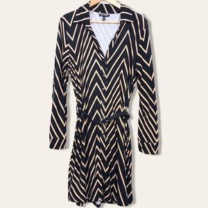 Vintage Retro Chevron Print Stretchy Knit Tab Sleeve Belted V Neck Shirt Dress M